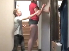 Tall girl dominates tiny slave.