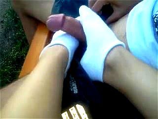 Footjob with white ankle socks